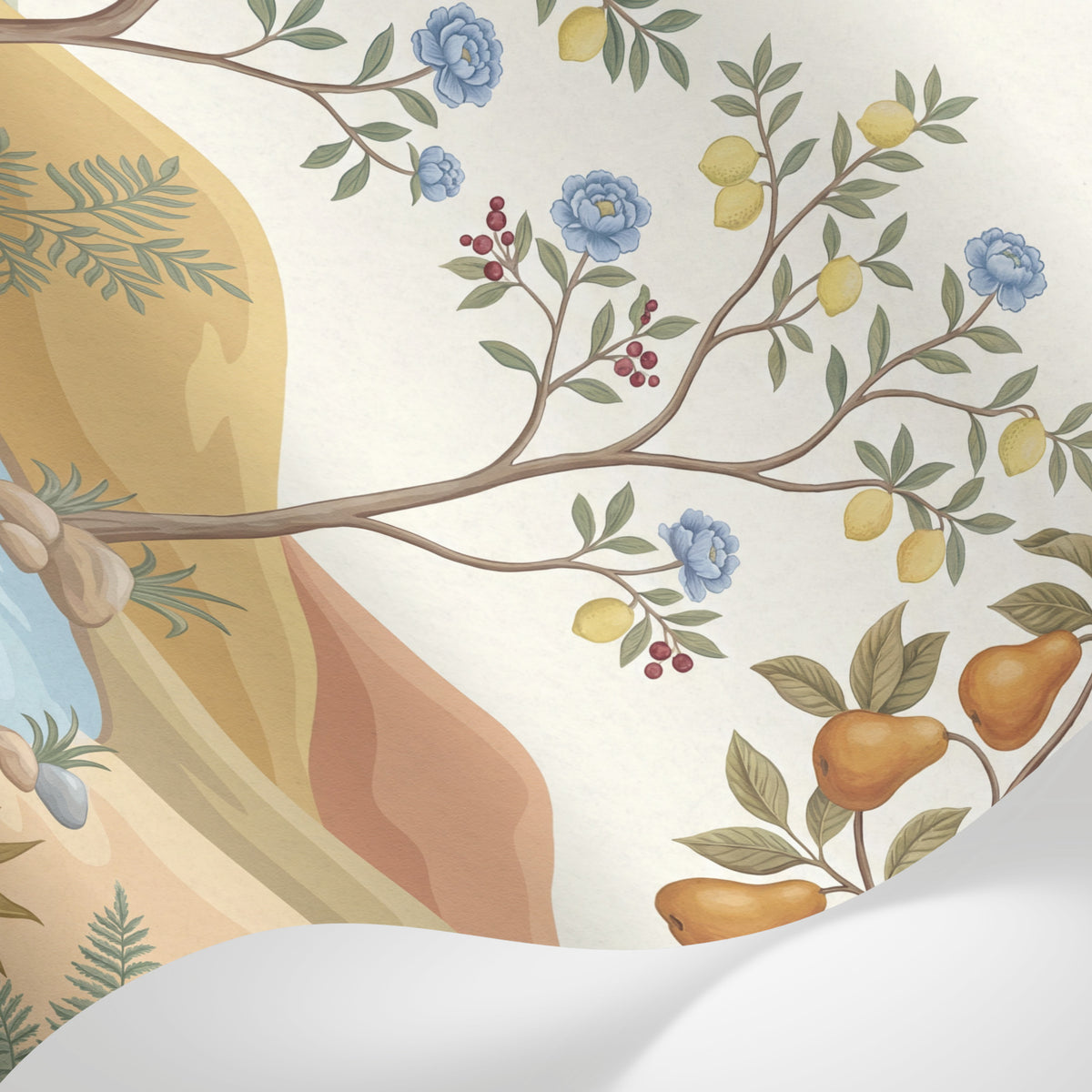 Papier peint panoramique floral - Pommier poirier fruits dorés fleurs bleues baies fond beige crème sur mesure - Matière
