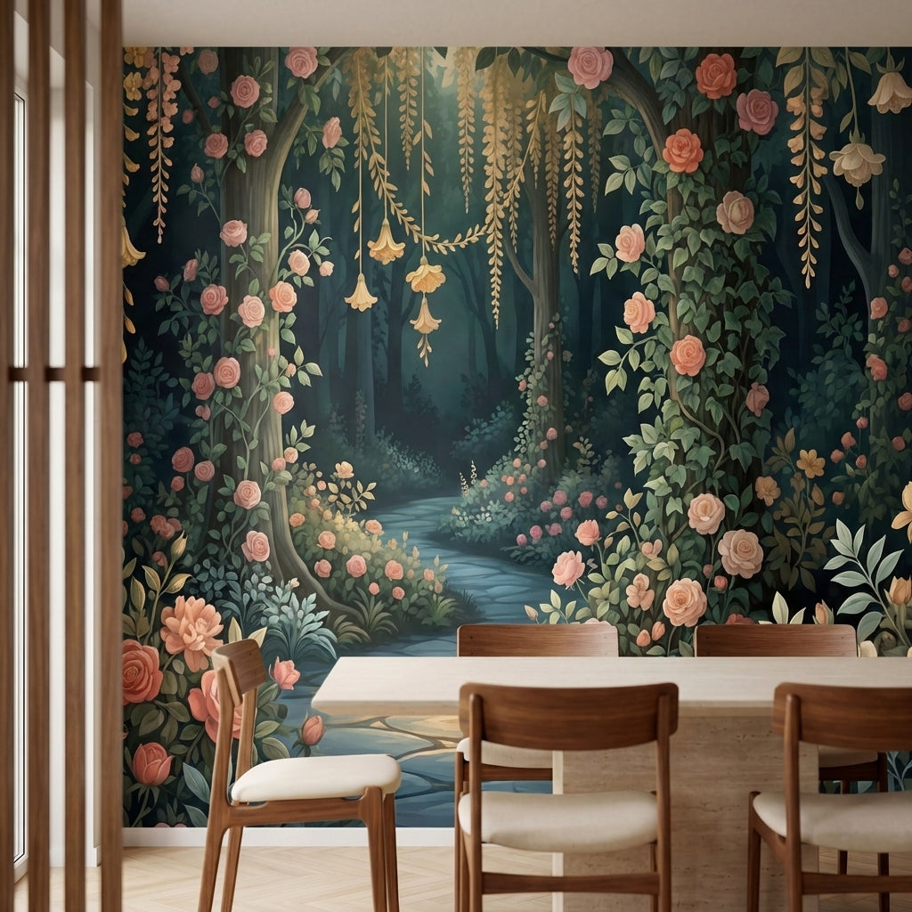 papier peint panoramique floral roses corail cascade florale chemin lumineux fon-1