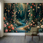 papier peint panoramique floral roses corail cascade florale chemin lumineux fon-3