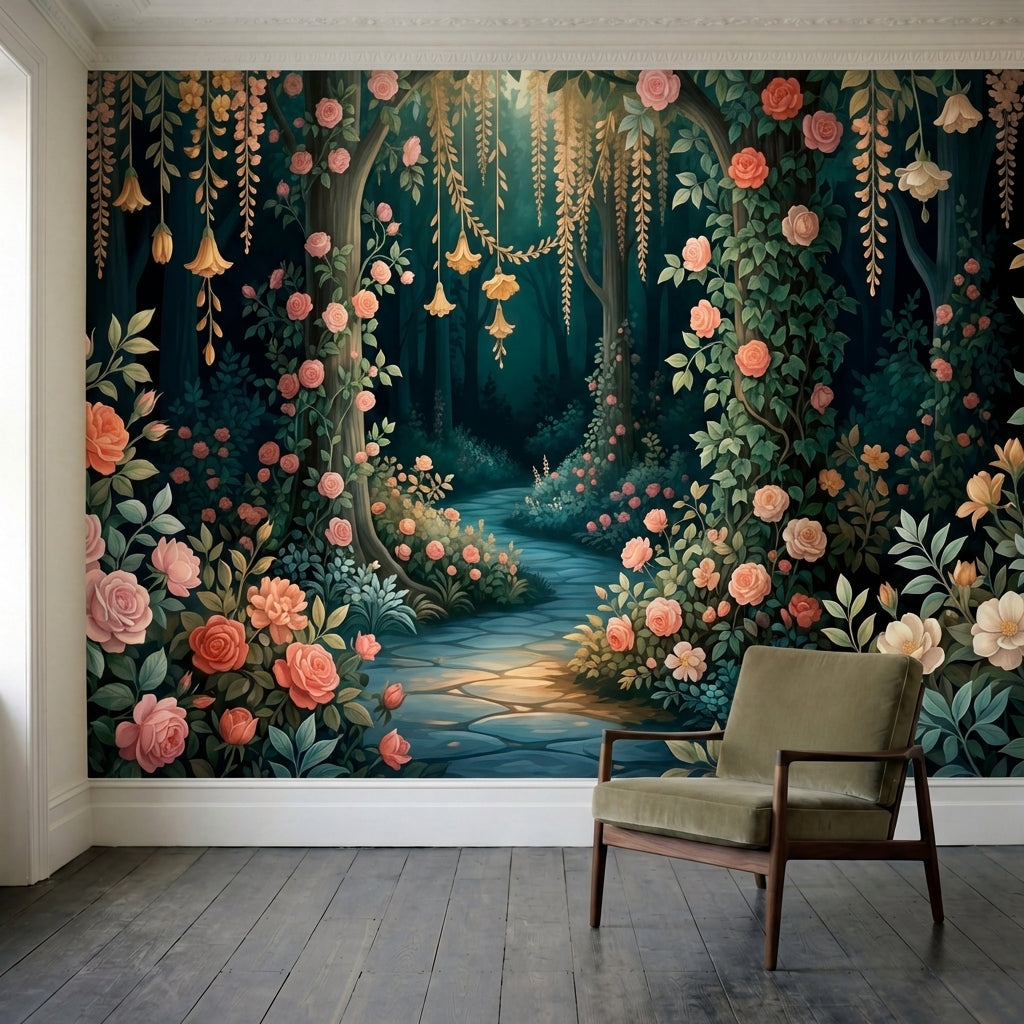 papier peint panoramique floral roses corail cascade florale chemin lumineux fon-3