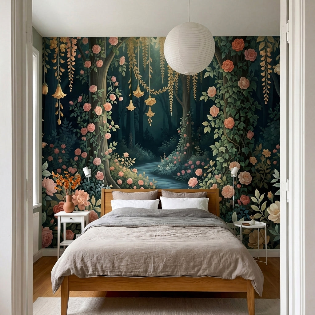 papier peint panoramique floral roses corail cascade florale chemin lumineux fon-6