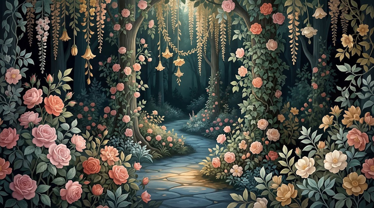 Papier peint panoramique floral - Roses corail cascade florale chemin lumineux fond vert émeraude sur mesure - Design