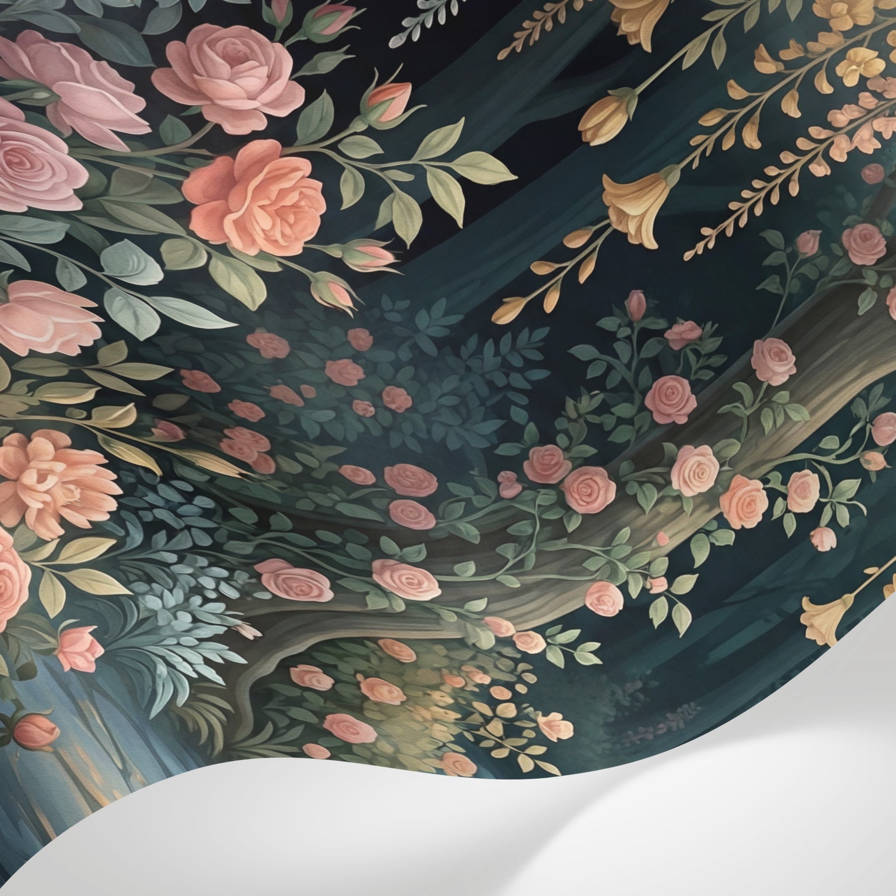 Papier peint panoramique floral - Roses corail cascade florale chemin lumineux fond vert émeraude sur mesure - Matière