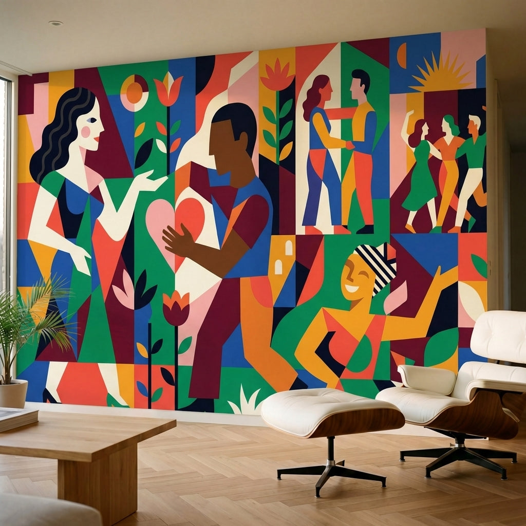 papier peint panoramique floral silhouettes stylisees personnages fleurs geometr-1