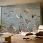 papier peint panoramique fond marin tortues raies poissons meduses corail algues-1