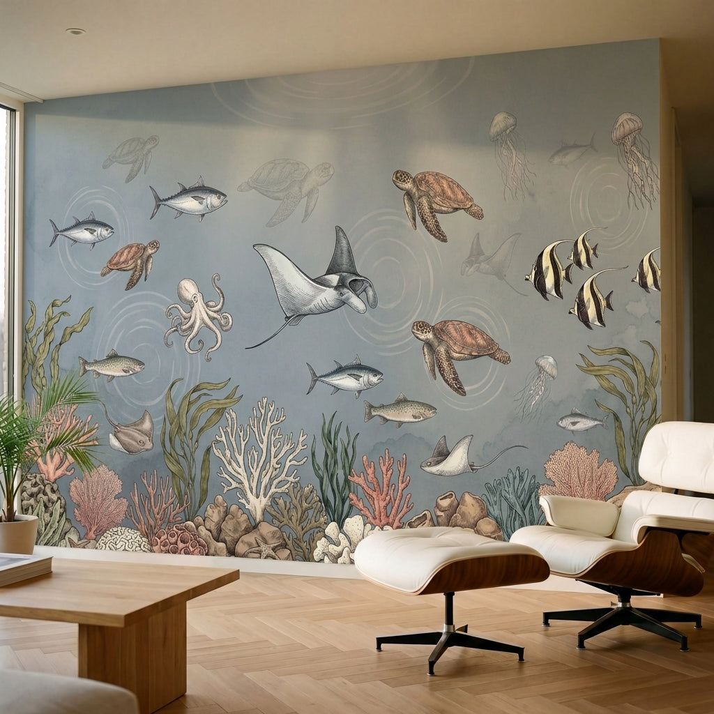 papier peint panoramique fond marin tortues raies poissons meduses corail algues-1