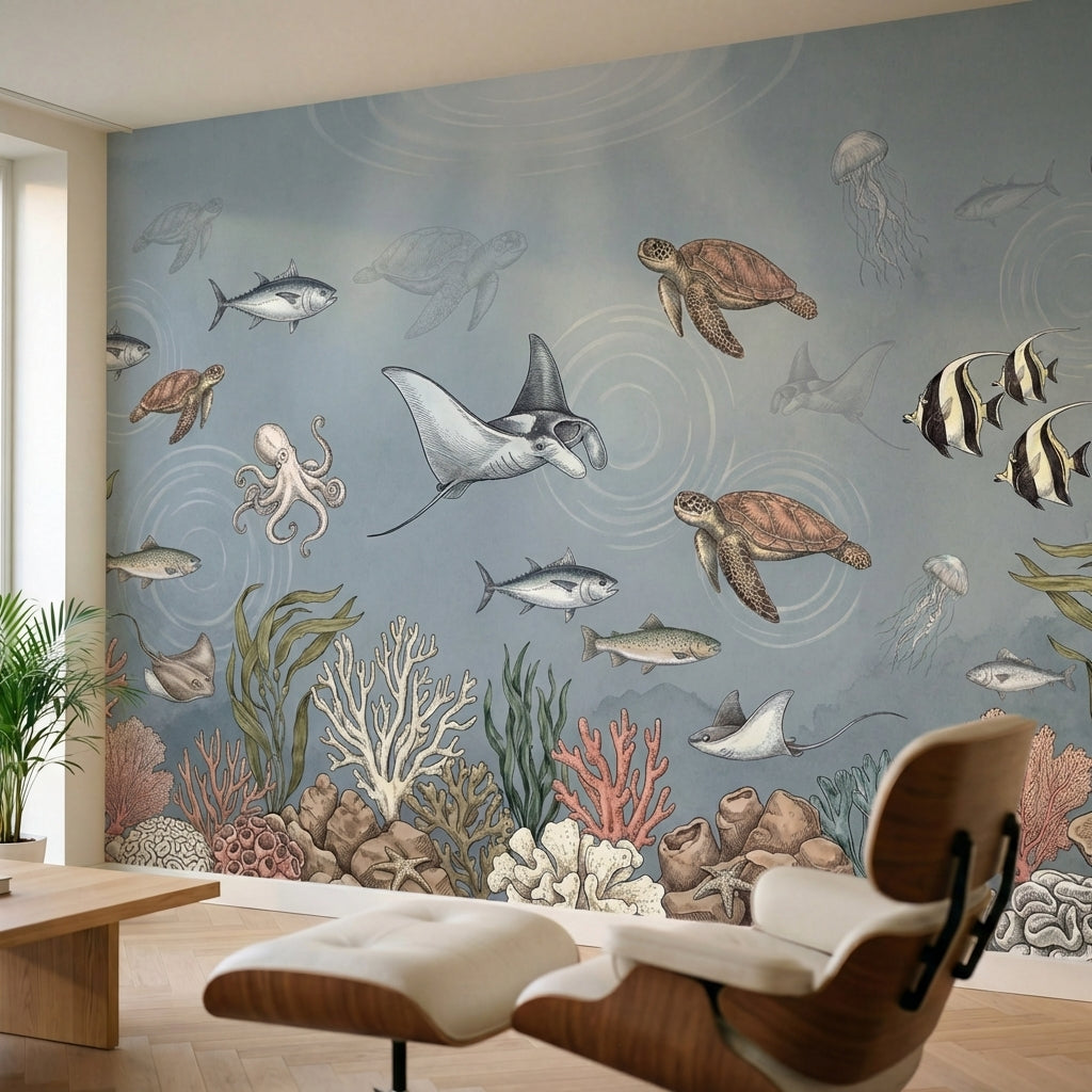 papier peint panoramique fond marin tortues raies poissons meduses corail algues-1