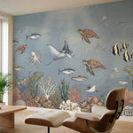papier peint panoramique fond marin tortues raies poissons meduses corail algues-1