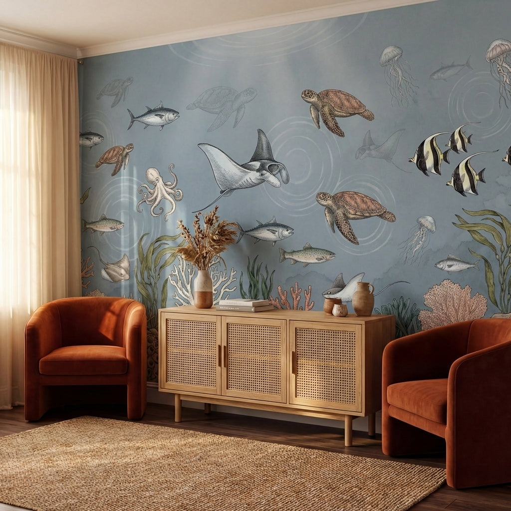 papier peint panoramique fond marin tortues raies poissons meduses corail algues-6