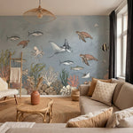 papier peint panoramique fond marin tortues raies poissons meduses corail algues-6