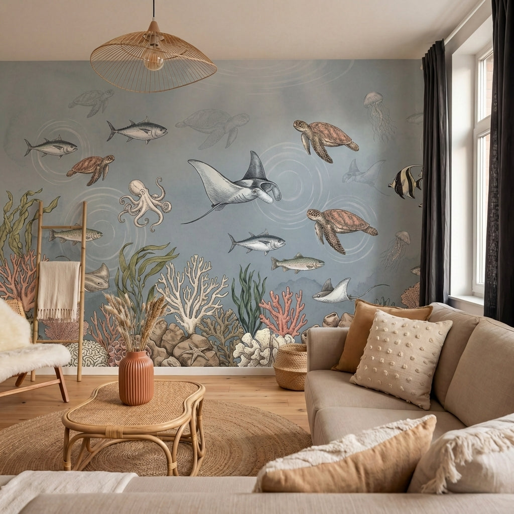 papier peint panoramique fond marin tortues raies poissons meduses corail algues-6