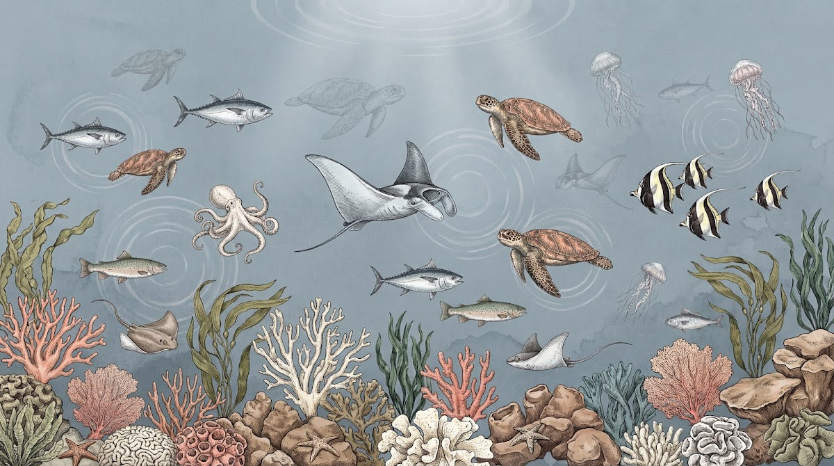 Papier peint panoramique fond marin - Tortues raies poissons méduses corail algues tons bleu gris et beige sur mesure - Design