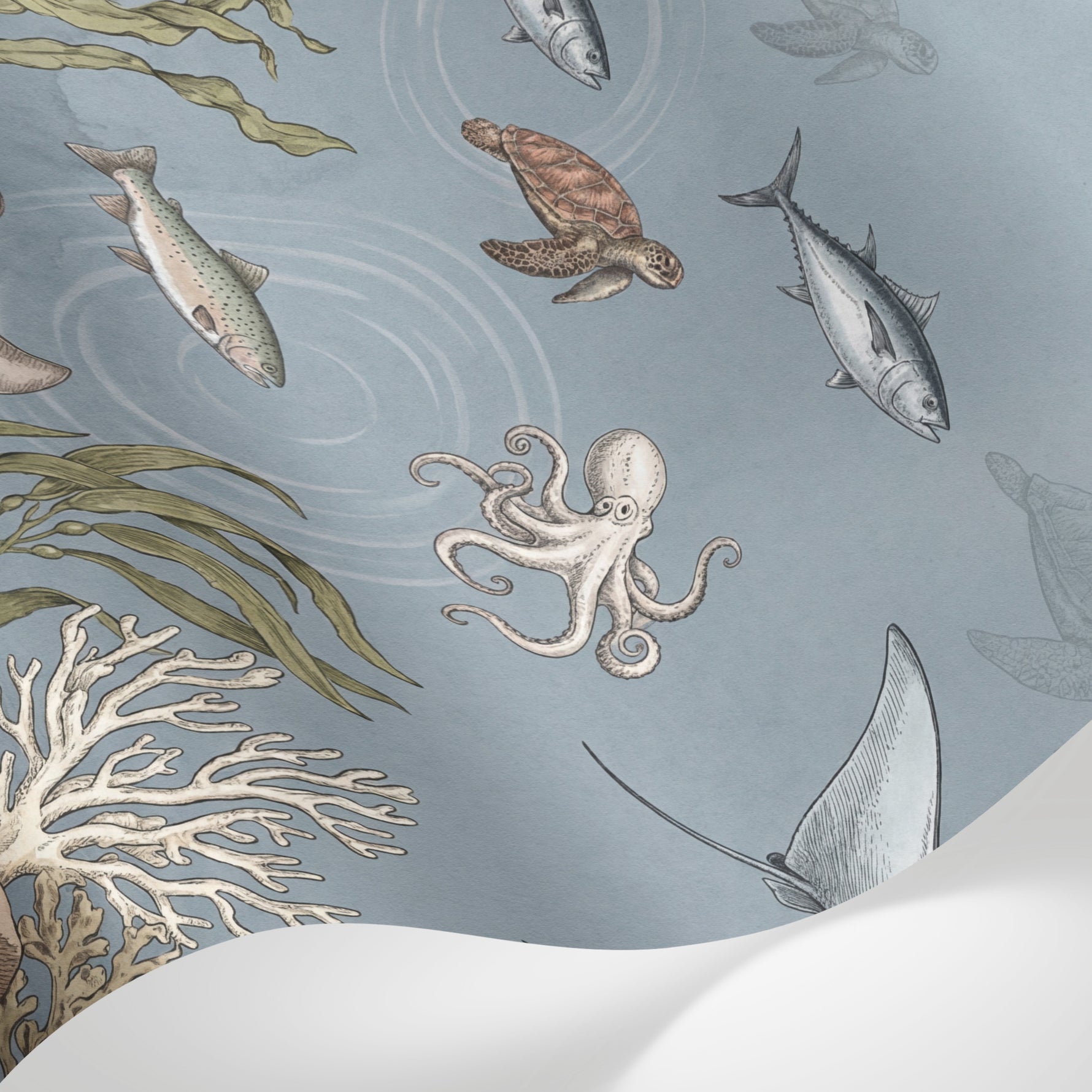 Papier peint panoramique fond marin - Tortues raies poissons méduses corail algues tons bleu gris et beige sur mesure - Matière