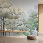 papier peint panoramique foret arbres feuillus gravure ancienne tons beige creme-1