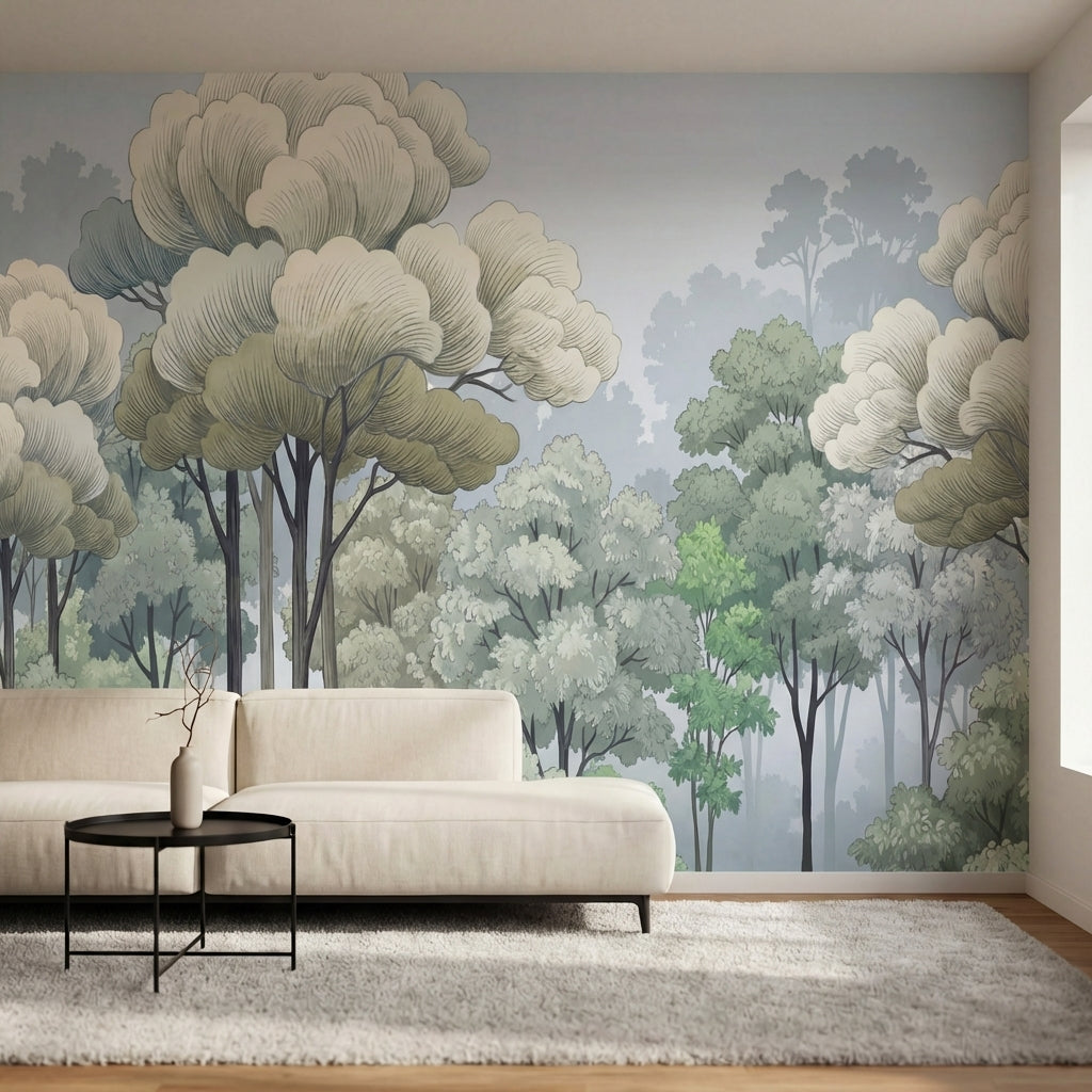 papier peint panoramique foret arbres feuillus gravure ancienne tons beige creme-2