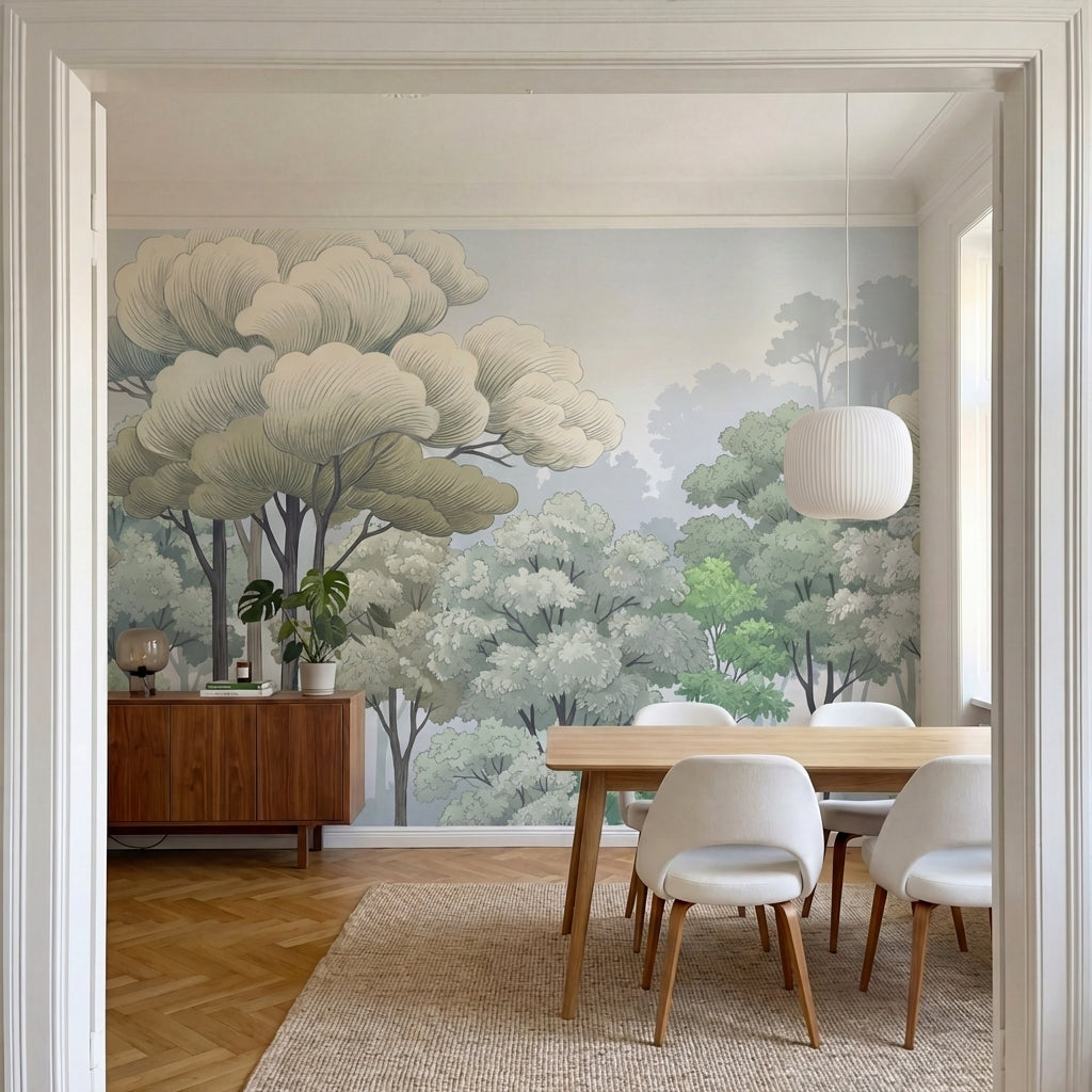 papier peint panoramique foret arbres feuillus gravure ancienne tons beige creme-VARIANTE-7