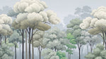 Papier peint panoramique forêt - Arbres feuillus gravure ancienne tons beige crème et vert sauge sur mesure - Design