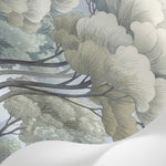 Papier peint panoramique forêt - Arbres feuillus gravure ancienne tons beige crème et vert sauge sur mesure - Matière