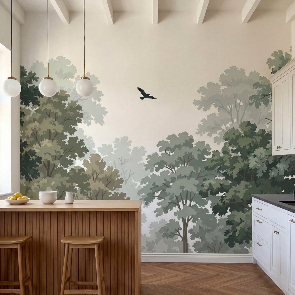 papier peint panoramique foret arbres feuillus oiseaux silhouettes fond vert sau-1