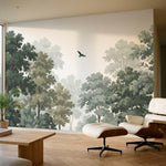 papier peint panoramique foret arbres feuillus oiseaux silhouettes fond vert sau-3