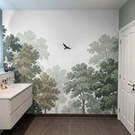 papier peint panoramique foret arbres feuillus oiseaux silhouettes fond vert sau-6