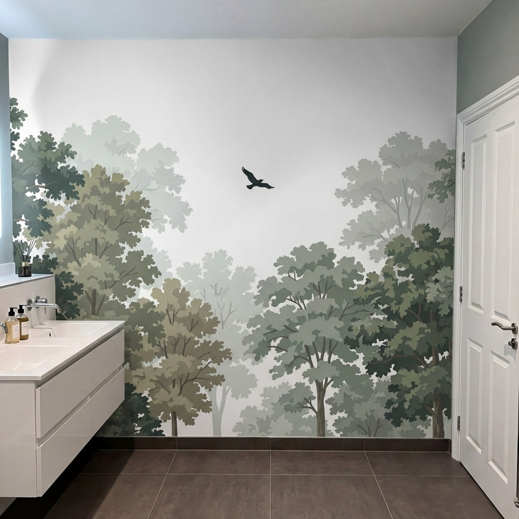 papier peint panoramique foret arbres feuillus oiseaux silhouettes fond vert sau-6