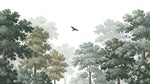 Papier peint panoramique forêt - Arbres feuillus oiseaux silhouettes fond vert sauge et blanc sur mesure - Design