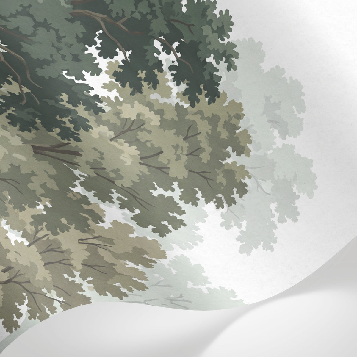 Papier peint panoramique forêt - Arbres feuillus oiseaux silhouettes fond vert sauge et blanc sur mesure - Matière