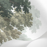 Papier peint panoramique forêt - Arbres feuillus oiseaux silhouettes fond vert sauge et blanc sur mesure - Matière