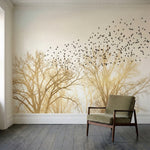 papier peint panoramique foret arbres nus volee oiseaux migrateurs tons beige do-1