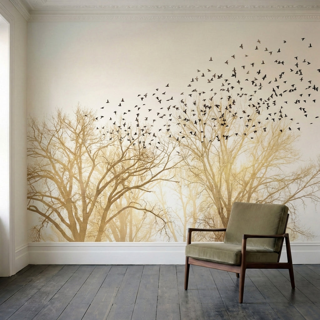 papier peint panoramique foret arbres nus volee oiseaux migrateurs tons beige do-1