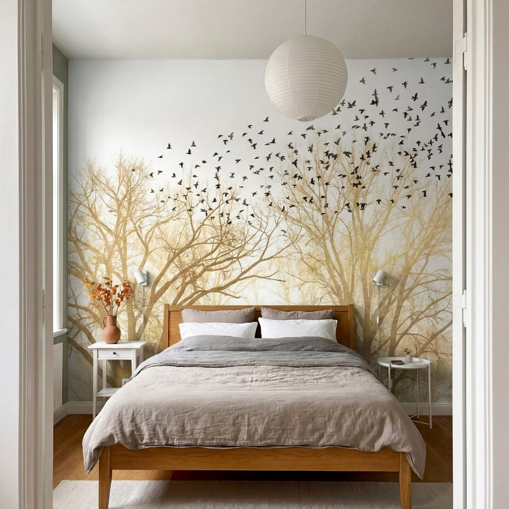 papier peint panoramique foret arbres nus volee oiseaux migrateurs tons beige do-6