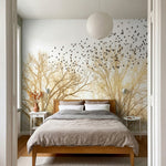 papier peint panoramique foret arbres nus volee oiseaux migrateurs tons beige do-6