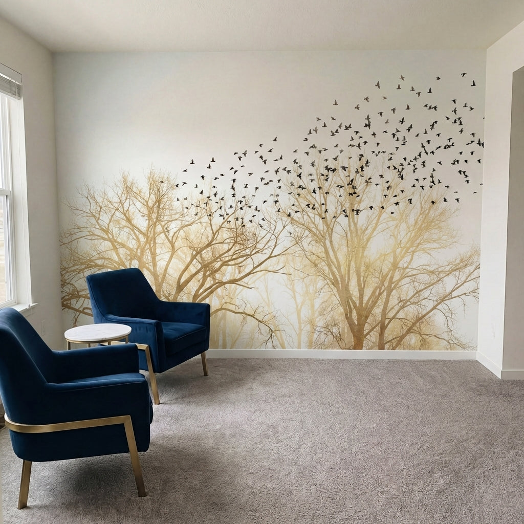 papier peint panoramique foret arbres nus volee oiseaux migrateurs tons beige do-7