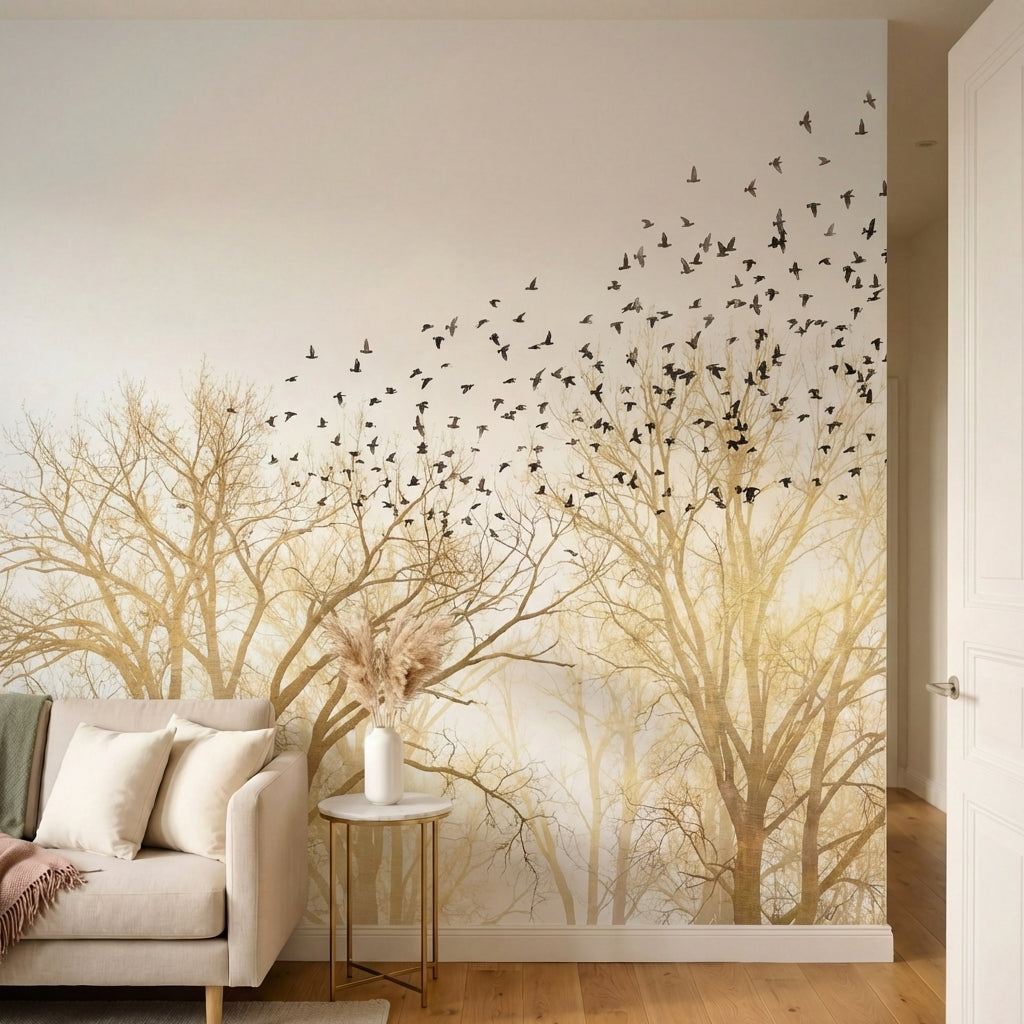 papier peint panoramique foret arbres nus volee oiseaux migrateurs tons beige do-HERO-8