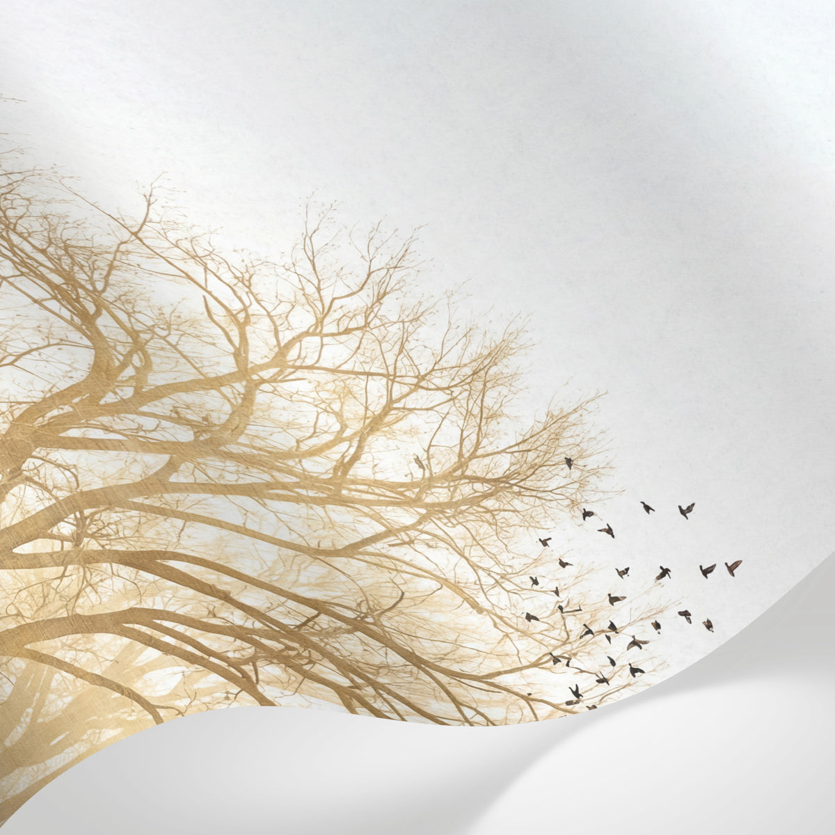 Papier peint panoramique forêt - Arbres nus volée oiseaux migrateurs tons beige doré et gris ciel sur mesure - Matière