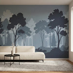 papier peint panoramique foret arbres silhouettes brume matinale tons gris bleu -1