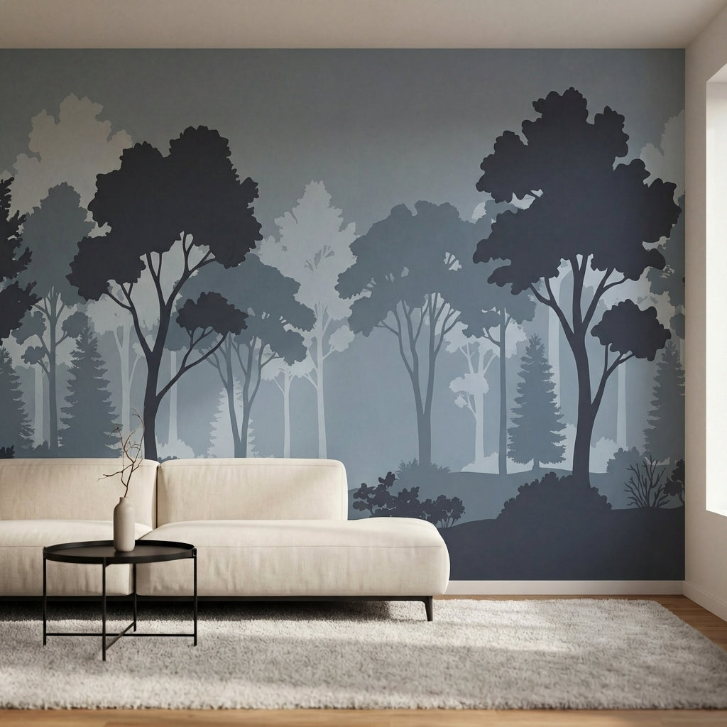 papier peint panoramique foret arbres silhouettes brume matinale tons gris bleu -1
