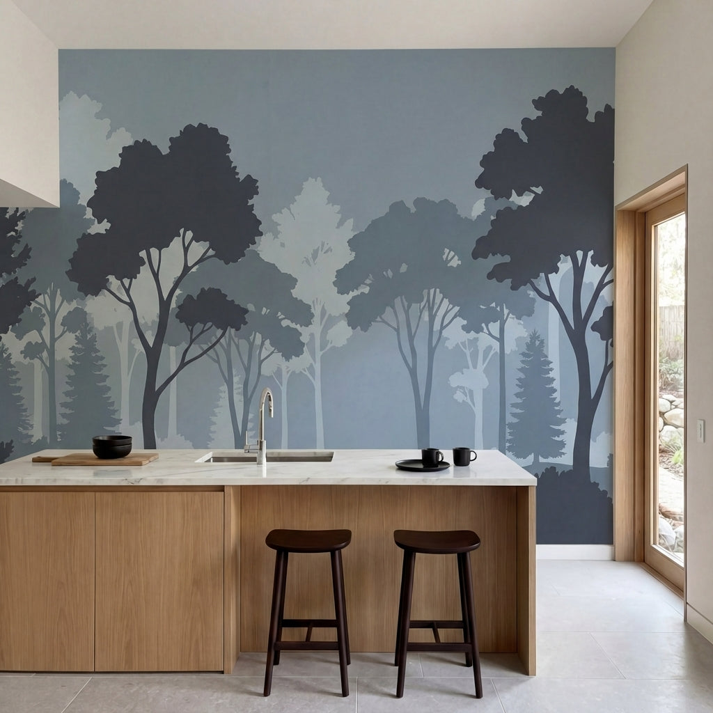 papier peint panoramique foret arbres silhouettes brume matinale tons gris bleu -2
