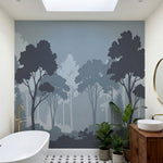 papier peint panoramique foret arbres silhouettes brume matinale tons gris bleu -VARIANTE-8