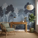 papier peint panoramique foret arbres silhouettes brume matinale tons gris bleu -VARIANTE-9