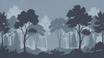 Papier peint panoramique forêt - Arbres silhouettes brume matinale tons gris bleu et beige nuancé sur mesure - Design