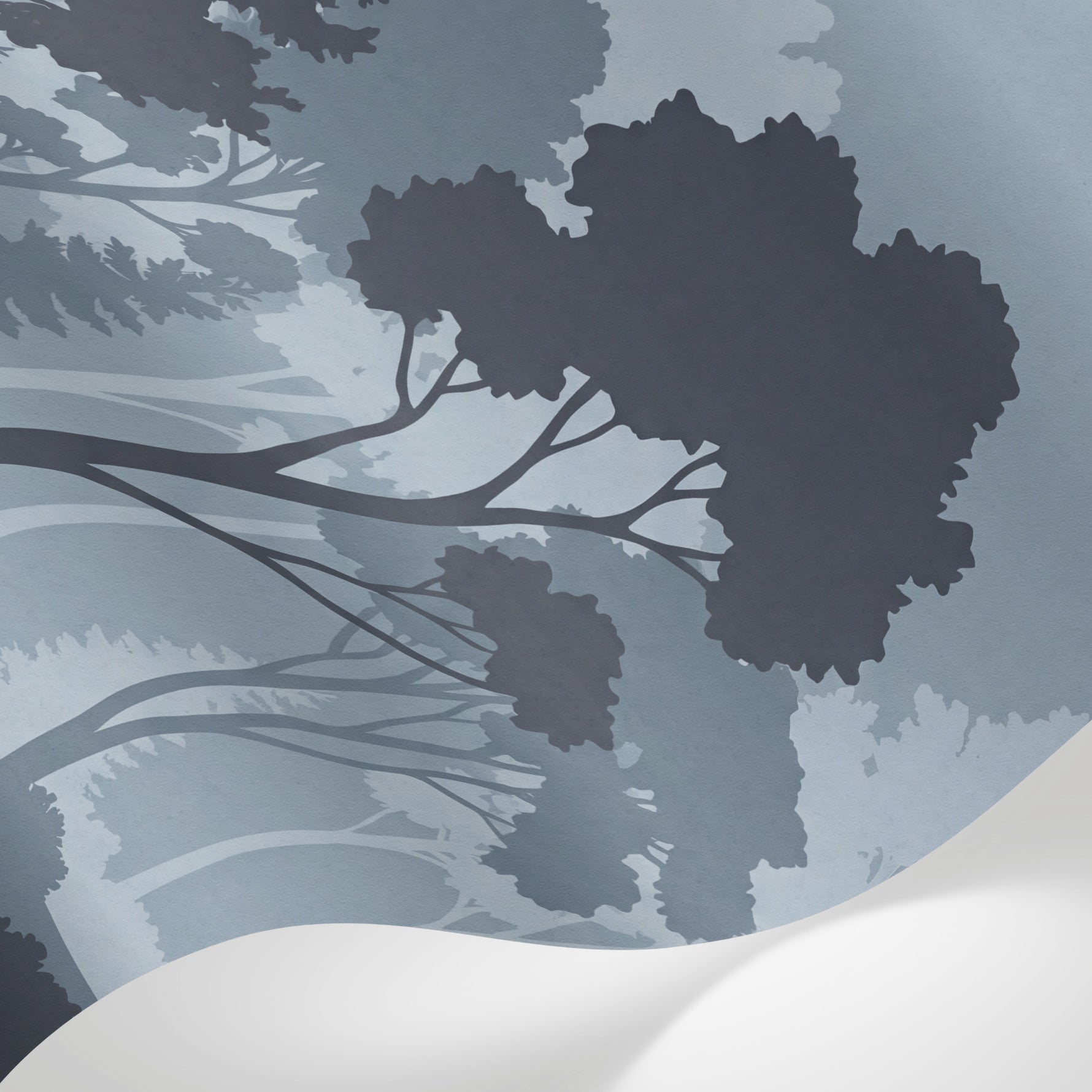 Papier peint panoramique forêt - Arbres silhouettes brume matinale tons gris bleu et beige nuancé sur mesure - Matière
