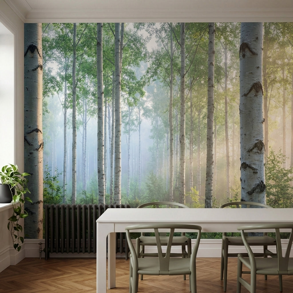 papier peint panoramique foret bouleaux blancs rayons soleil brume matinale tons-1