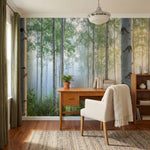 papier peint panoramique foret bouleaux blancs rayons soleil brume matinale tons-6