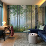 papier peint panoramique foret bouleaux blancs rayons soleil brume matinale tons-6