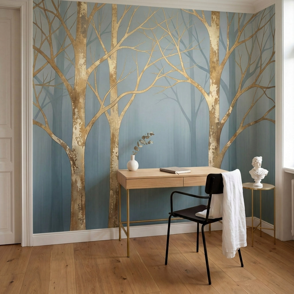 papier peint panoramique foret bouleaux dores branches nues brouillard tons beig-10