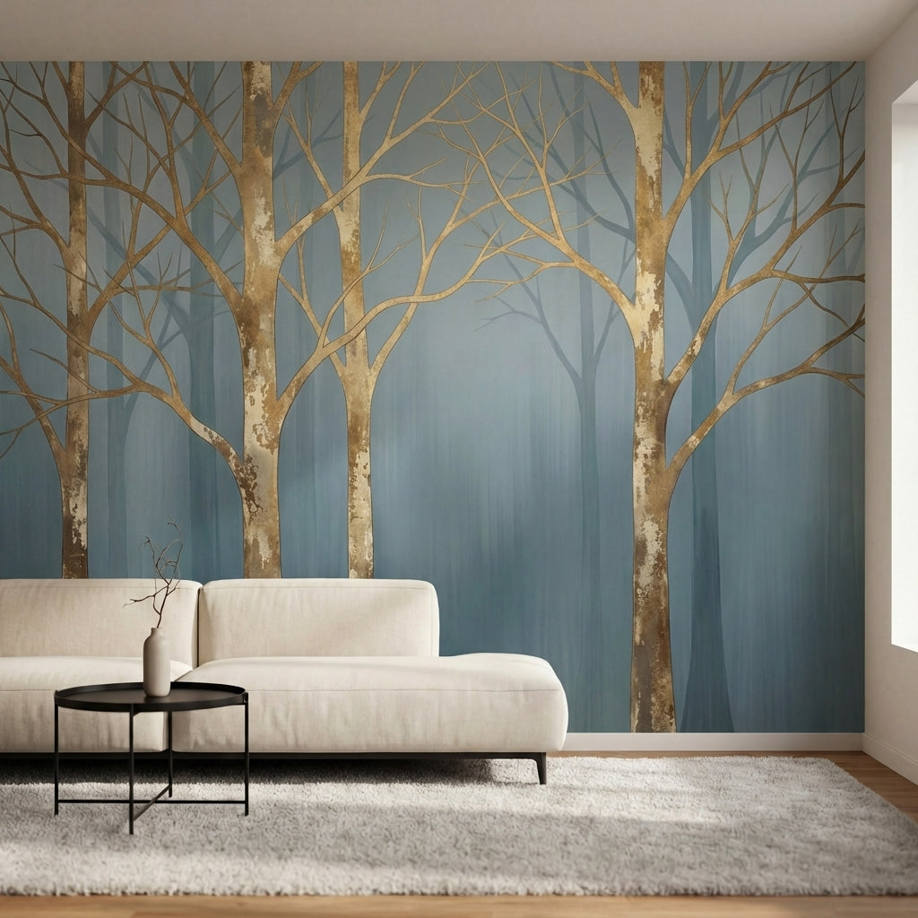 papier peint panoramique foret bouleaux dores branches nues brouillard tons beig-2