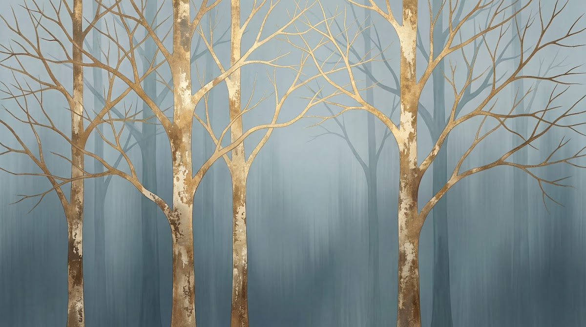 Papier peint panoramique forêt - Bouleaux dorés branches nues brouillard tons beige et gris bleu sur mesure - Design