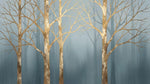 Papier peint panoramique forêt - Bouleaux dorés branches nues brouillard tons beige et gris bleu sur mesure - Design
